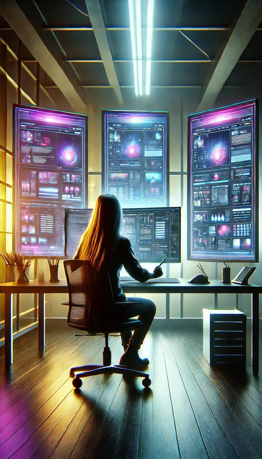 DALL·E 2024-12-23 09.35.46 - A hyperrealistic depiction of a web designer with long hair in silhouette at a sleek workstation, actively designing three websites simultaneously. Ea